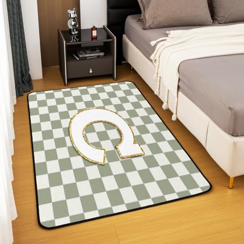 Image of Erosebridal Sage Green Checkered Area Rug 3x5 Plaid Initial C Rug for Bedroom Living Room Personalized Monogram Carpet Decor Fashion Grids Gingham Indoor Floor Mat Non Slip