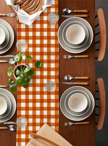 Burnt Orange Checkered Table Runner 108 Inches Long Farmhouse Dress Scarves, Farmhouse Buffalo Plaid Dining Tablerunner for Coffee Table/Kitchen Island/Party Décor, 13" x 108"2