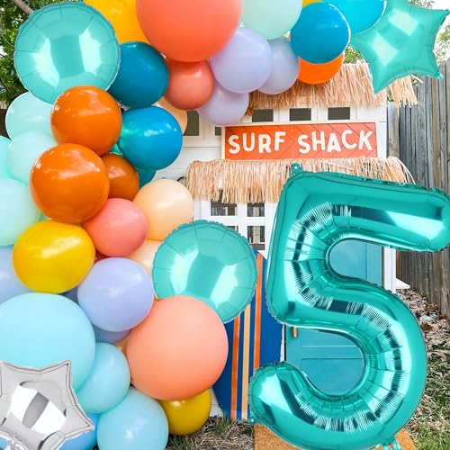 Image of Teal Blue Number 5 Balloons 40 Inch 5th Birthday Mermaid Theme 5 Pcs | Big Helium Mylar Digital Balloon Anniversary Wedding Party Decor Supplies