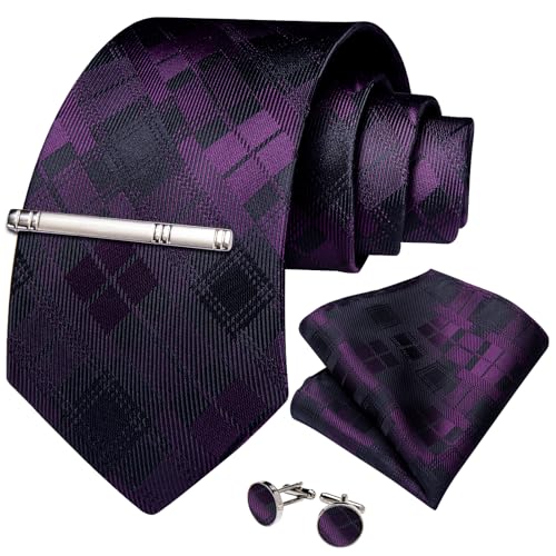 Image of DiBanGu Mens Silk Plaid Tie and Pocket Square Set | Elegant Silk Formal Tie Set, Woven Check Necktie and Cufflinks Tie Clip Set, Perfect for Wedding Party, Comes in Gift Box