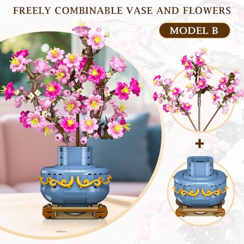 Image of HOGOKIDS Flower Cherry Blossom Building Set 2 in 1 Bonsai Tree for 8-12+ yr | Artificial Botanicals Building Blocks Home Office Decor, 775PCS Flowers Plants Birthday Christmas Gift for Adults Teens Girls