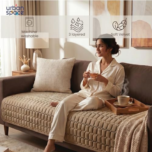 Image of Urban Space Velvet Embroidery Quilted Sofa Cover mat, Premium 1 Seater Non-Slip Sofa slipcover, Easy Care & Machine Washable, Seat Runner for Couch for Living Space (1 Seater - Box Grid - Soft Brown)
