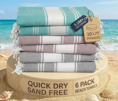 LANE LINEN Pool Towels Turkish Beach Towels Oversized Set of 6 Pre-Washed No Shrink Quick Dry Travel Towel Beach Towel for Women Absorbent & Sand Free Towel 39x71 - Summer Color