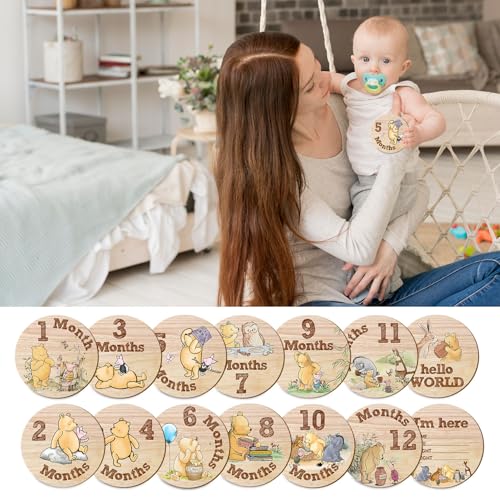 Image of 7Pcs Baby Monthly Milestone Circles, Winnie Baby Stuff, Double-Sided Printing Months Baby Milestone Wooden Keepsake, Milestone Wooden Circles Stuff for for Documenting Growth