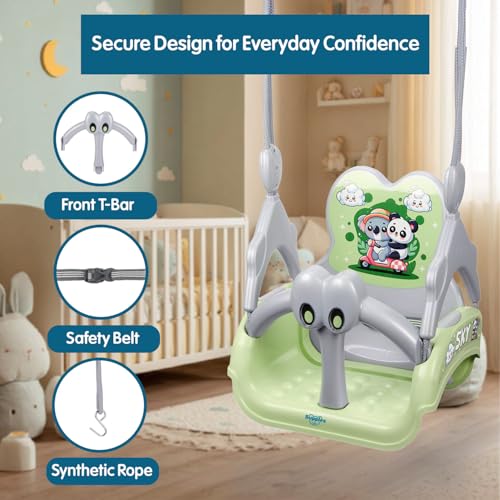 Image of Amazon Brand - Supples Baby Swing for Kids | Non-Toxic Plastic | Indoor & Outdoor Use | Adjustable Design with Safety Belt | Age 6 Months to 4 Years | Green & Grey