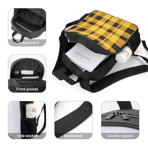 Plaid Checkered Yellow Travel Backpack Casual Daypack Shoulder Bag with Adjustable Shoulder Straps for Hiking4