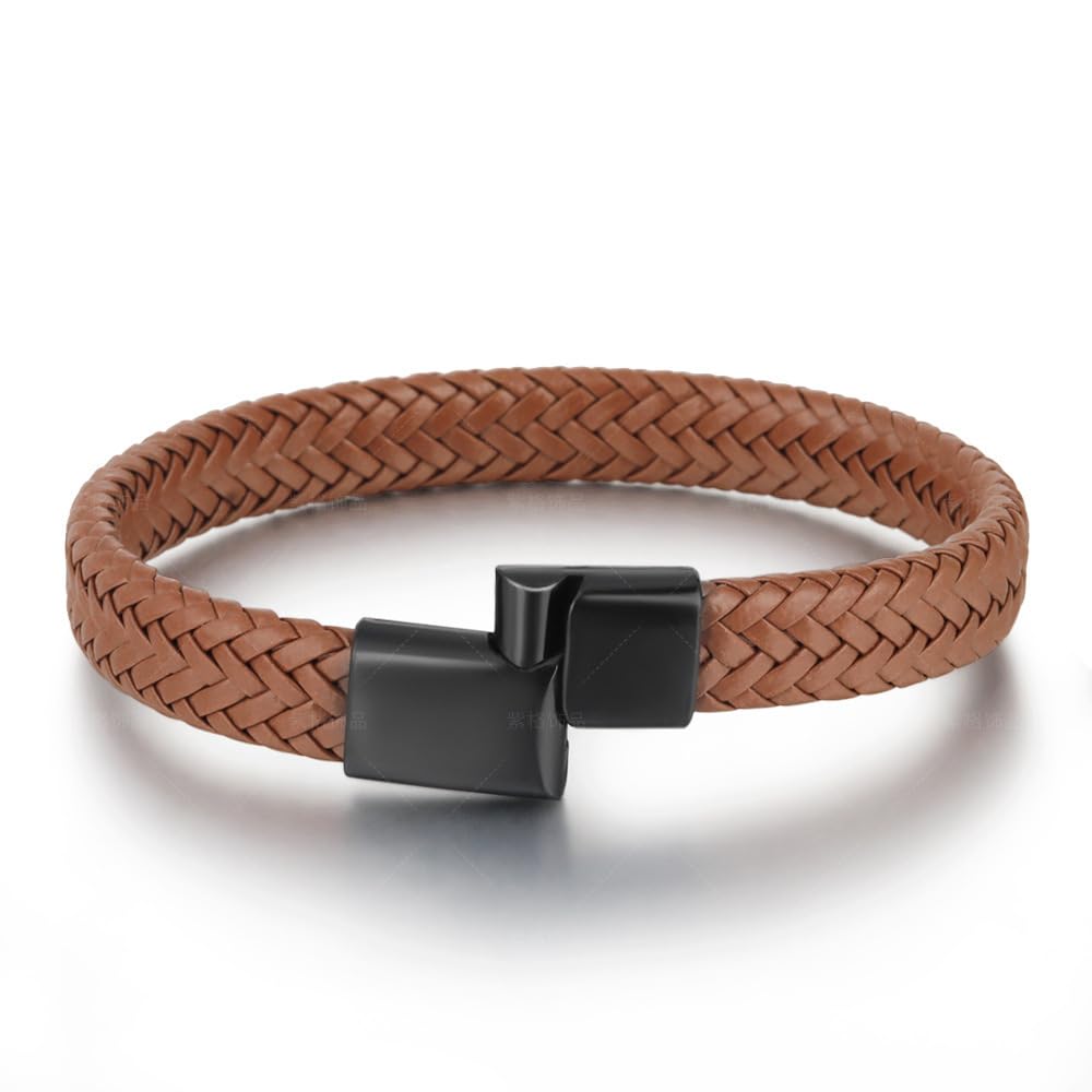 CrEev Pulsera cuerda hebilla magnética pulsera de cuero genuino joyería de mano de hombre aleación trenzada marrón