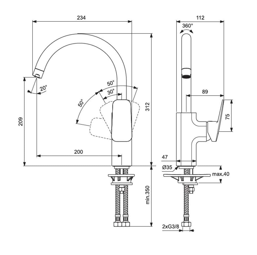 Ideal Standard BD334AA Miscelatore da Cucina, Cromo, Bocca Alta - h 209mm