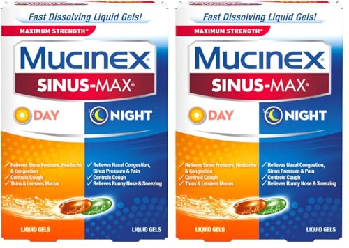 Mucinex Sinus-Max Max Strength Day & Night Liquid Gels (24ct) Relieves Sinus Pressure and Congestion, Headaches, Pain, Runny Nose, Sneezing, Thins and Loosens Mucus, Controls Cough (Pack of 2)