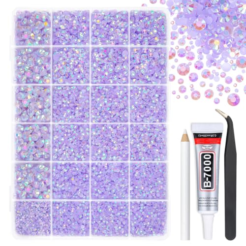 qiipii Light Purple AB Resin Rhinestones w B7000 Jewelry Glue for Bedazzling Crafting 2mm 3mm 4mm 5mm 6mm Flatback Jelly Stones Diamonds Gems Charms for Nails Face Eyes Makeup Tumblers Crafts Shoes