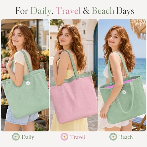 Bolso tote para mujer CYD, bolso de playa ligero y plegable en tonos pastel, con bolsillos útiles y diseño abierto, ideal para verano, viajes y uso diario miniatura 5