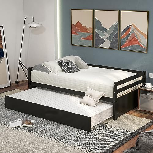 GIANTEX Wood Daybed with Trundle, Twin Size Day Bed with Pollout Trundle & Wooden Slats Support, Space-Saving Twin Daybed Frame for Kids Teens and Guests, No Box Spring Needed, Trundle Bed, Espresso
