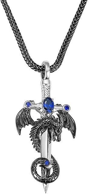 UGA Cross Dragon Necklace Men's Gothic Cool Vintage Medieval Jewellery, Birthstone Dragon Pendant