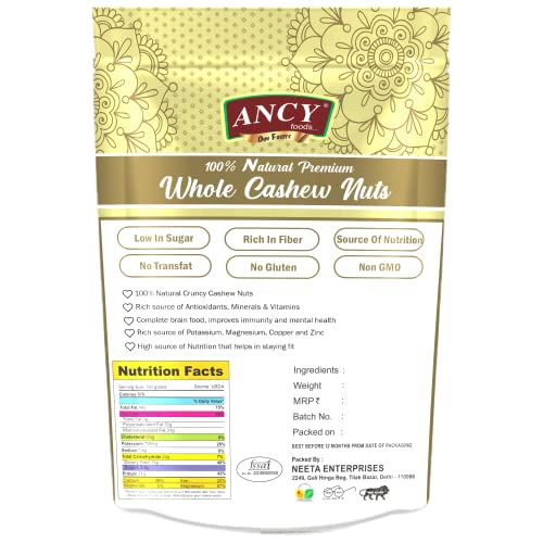 Image of Ancy Kaju (Cashew) 1000 Grams (250 Grams X 4) for All Ages | High in Protein and Boosts Energy and Build Immunity | Healthy Nutritious Cashew Nut | Delicious Vegan & Crunchy Kaju Nut for Cooking and Raw Eating