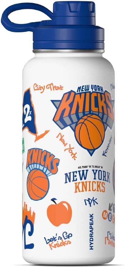 Miniatura 2 de Hydrapeak x Botella de agua activa con licencia oficial de la NBA New York Knicks de 32 onzas, tapa con pico de acero inoxidable, reutilizable,