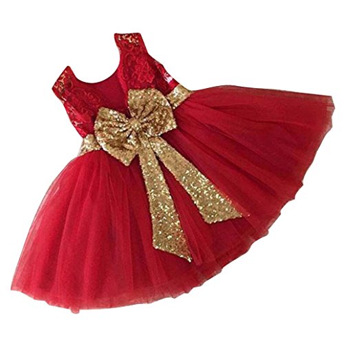 Abito Bambina Ragazze Abiti Ragazze Senza Maniche Pizzo Paillettes Bowknot Senza Schienale Vestire Gonna di Garza Vestito da Principessa Rosso/100