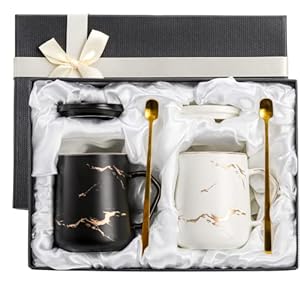 ZENFUN 2 Pack Ceramic Mug Set for Couple, Coffee Mugs with Gift Box, Engagement Wedding Gift 13.5 oz Porcelain Mug Set with Lid and Gold Spoon Marbling, His and Hers, Christmas( Black&White)