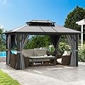 DWVO 10x12ft Hardtop Gazebo Double Roof Polycarbonate Canopy Outdoor with Netting and Shaded Curtains, Aluminum Frame Garden Tent for Patio, Backyard, Deck and Lawns, Gray