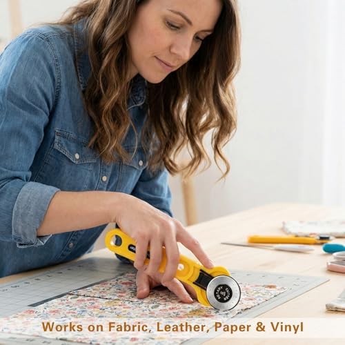 UPEOXT 45mm Rotary Cutter Set, Fabric Cutter with 5 Replacement Blades, Sewing Quilting Supplies, Ergonomic Handle for Crafts Leather Paper, Sharp Rolling Wheel Tool with Safety Lock, Yellow - 5