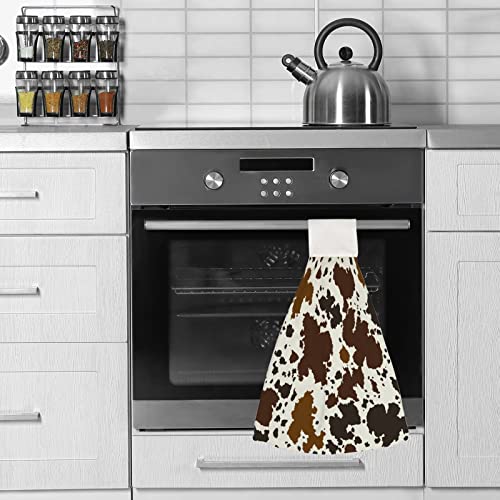 Longlugoo Western Brown Black Cow Print Hanging Kitchen Dish Towel 2 Pack Hand Towels Soft Coral Velvet Decorative Hand Towels With Loop For Bathroom Tie Towel Absorbent Dish Towels #TOP4