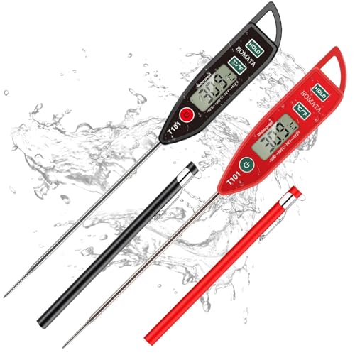 BOMATA Pack de 2 thermomètres à viande étanches IPX7, avec lecture instantanée pour aliments. Doté d'une longue sonde, idéal pour l'eau, les liquides, la cuisine, le grill. T101x2 Noir et Rouge