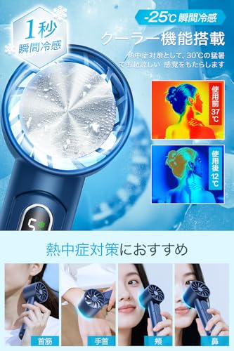ハンディファン 冷却プレート付き 【1秒冷却・1台6役・モバイルバッテリー機能】携帯扇風機 手持ち扇風機 首掛け/卓上/手持ち/腰掛け 強力 大風量 静音 5000mAh大容量 5段階調節 モバイルファン クーラー ひんやり 折り畳み式 充電式 ストラップ付き LEDディスプレイ 熱中症対策 暑さ対策 プレゼント 人気 スポーツ観戦/オフィス/アウトドアなどに適用 (ネイビー)
