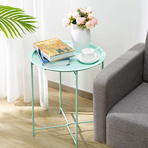 Hollyhome Folding Tray Metal Side Table, Sofa Table Small Round End Tables, Anti-Rust And Waterproof Outdoor Or Indoor Snack Table, Accent Coffee Table,（H） 20.28" X（D） 18.11", Blue #TOP7
