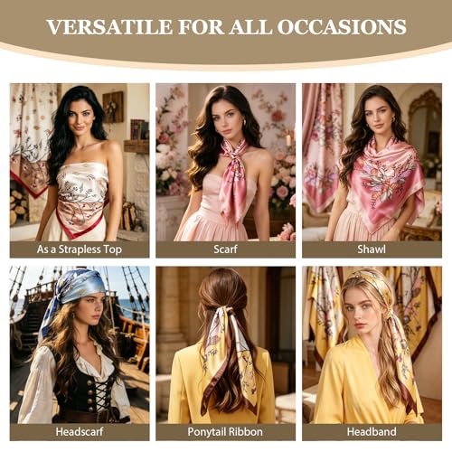 Image of DRESHOW 35 inch Large Square Satin Head Scarf - 4Pcs Silk Accessories Classic Patterned Squares Beach Bandanas for Women
