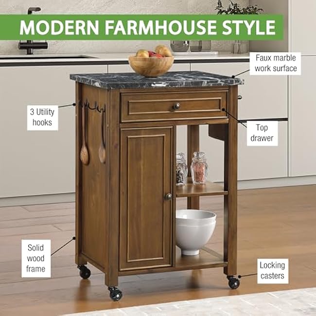 OSP Home Furnishings Fairmont Modern Farmhouse Kitchen Cart, Rolling Storage Cabinet with Drawer, Shelves, Hooks, Towel Bar, Oak Wood Finish with Faux Marble Top-039O4Hx3