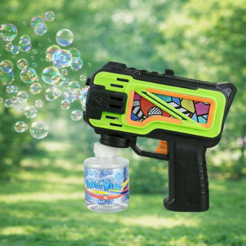 Image of Bubble Gun Machine for Kids, Automatic Bubble Maker with Lights and Solution Bottle, for Toddlers, Birthday, Holiday & Outdoor Play