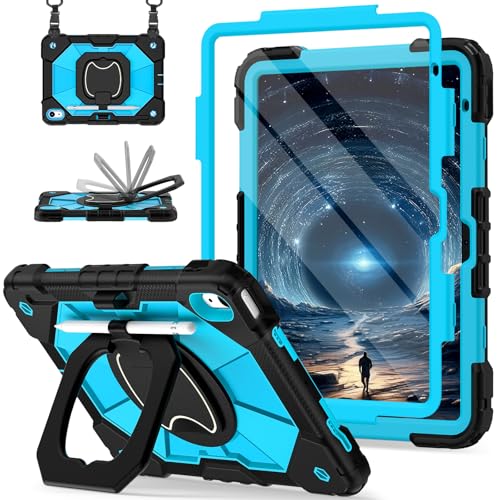 Image of Scnioy Case for iPad (A16) 11th Generation 11 Inch (2025) / iPad 10th Generation Case 10.9 Inch (2022) with 360 Rotating Stand Screen Protector Pen Holder Shoulder Strap, Black Blue