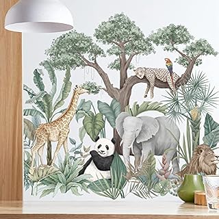 Cartoon Tropical Rainforest Animals Green Plants Wall Stickers, Jungle Giraffe Elephant Panda Lion Leopard Parrot Wall Decals, Removable DIY Zoo Art Decor for Baby Bedroom Nursery Living Room Home