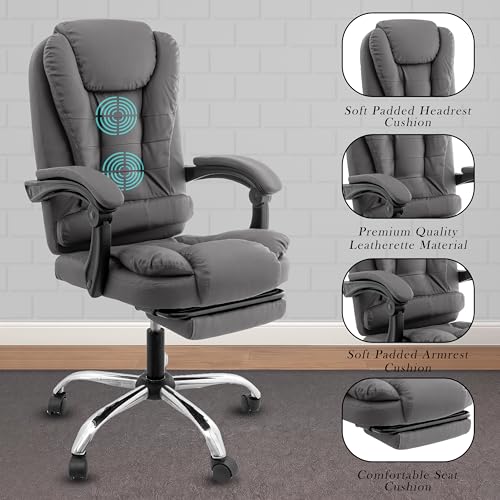 Image of Casa Copenhagen Italia Leatherette Office Chair for Work | Boss Chair, Ergonomic Executive, Luxurious Cushioned Arms & Seat, 2 Point Back Massager, Adjustable Leg Rest, Heavy Duty Metal Base(Grey)
