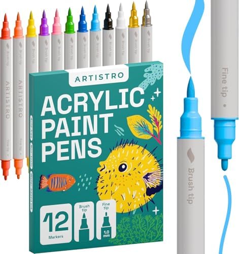Artistro 12 Acrylstifte Dual-Tip Brush+Fein für Stein, Stoff, Holz & Glas | Wasserbasierte Acrylmarker für alle Oberflächen, schnell trocknend & geruchsarm, zum Bemalen & Basteln,