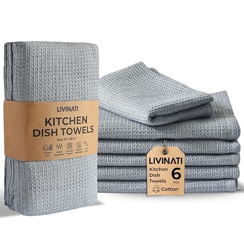 LIVINATI Highly Absorbent Cotton Dish Towels for Drying - Set of 6 Light Gray Kitchen Towels - 18"X28" Lint Free Waffle Weave Cloth Linen Hand Bathroom Bulk Dishtowels