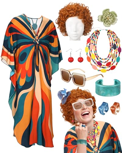 Velmitten Landlady Costume Including Caftan Dress Curly Wig Necklace Earring Sunglasses Rings Hair Clip for Halloween Cosplay (Art Deco Waves)