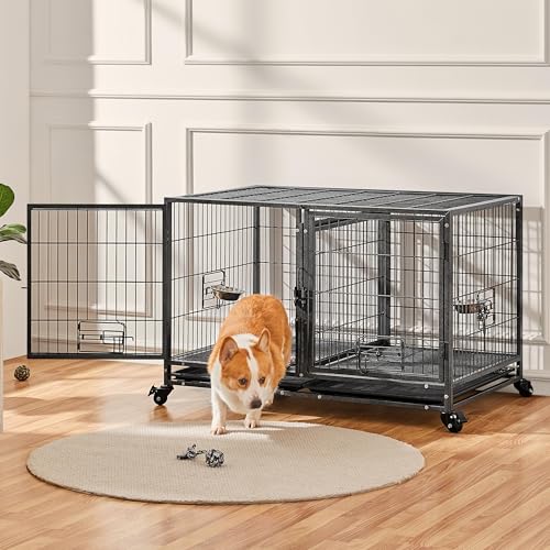 Image of Yaheetech 42.5 Inch Stackable Dog Crate with Divider for Small Medium Dogs | Heavy Duty Rolling Dog Cage with Open Top, 2 Removable Trays, Lockable Wheels, Flexible Layout For Multi-Pet Use