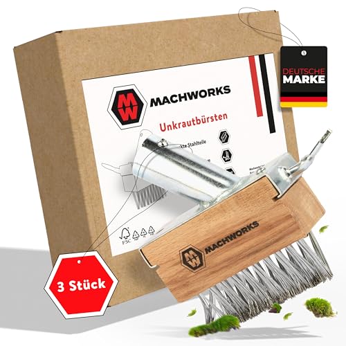 MACHWORKS 3X Fugenbürste Unkraut [GRATIS MONTAGESCHRAUBEN] für 24mm Holzstile mit Fugenkratzer | Verzinkte Unkraut Fugenbürste | Effektive Entfernung Dank V-Stahlborsten | Fugenreiniger Garten