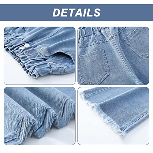 Wide Leg Jean For Girl Fashion Solid Denim Pants Elastic Waist Baggy Jeans Kids Casual Loose Fit Jeans Blue 5-15 Years #TOP5