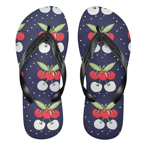 Burbuja Cherries on Dark Blue Flip Flops for Women Men, Soft Thong Sandals Rubber Slippers for Pool Beach Essentials