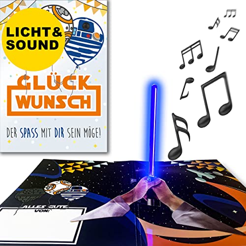 bentino PopUp - Scheda musicale con spada laser, effetto sorpresa, biglietto di auguri con suono ed effetto luce, formato DIN A5 con busta, biglietto di auguri divertente