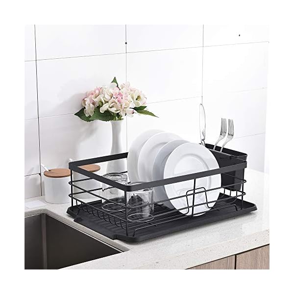 Popity home Dish Drying Rack, Large Kitchen Dish Drying Rack, Metal Dish Rack, Drying Rack with Black Drainboard, Spoons and Knives Storage Box