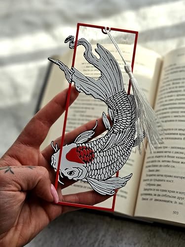 Image of 3D Koi Fish Bookmark | Japanese Inspired Art Bookmark | Bioplastic, Eco-Friendly | White & Red Koi with Tassel | Gift for Book Lovers & Readers | Unique 3D Effect