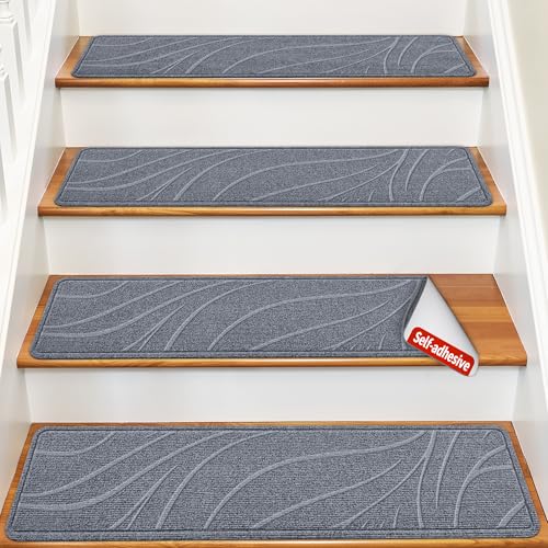 ComfyInLove Stair Treads for Wooden Steps, 15 PCS 8'x30', Non-Slip Indoor Stair Runners, Washable & Reusable Stairs Carpet Rugs with TPE Backing, No Residue, Safe for Kids, Pets, Seniors (Grey)