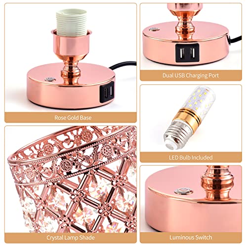 Yarra-Decor Crystal Bedside Rose Gold Table Lamp 3 Color Options Girl Lamps For Bedroom Modern Usb Nightstand Lamp With Rose Gold Crystal Shade Decorative Lamps For Living Room (Led Bulb Included) #TOP3