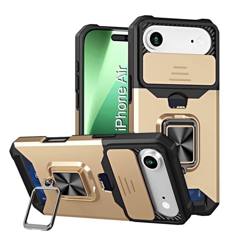Image of LuxuryKase Shockproof Armor Case for iPhone Air | Slide Camera Cover | Hidden Card Slot | Rotating Ring Kickstand | Magnetic Car Mount Support | Military Grade Protection - Gold