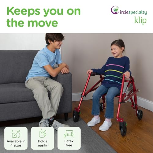 Klip- Lightweight Posterior Rollator Walker/Gait Trainer 4 Wheel - with Flip-Up Seat for Toddlers, Kids, Teens with Special Needs/Cerebral Palsy-Front Swivel Wheels, Height Adjustable, Foldable