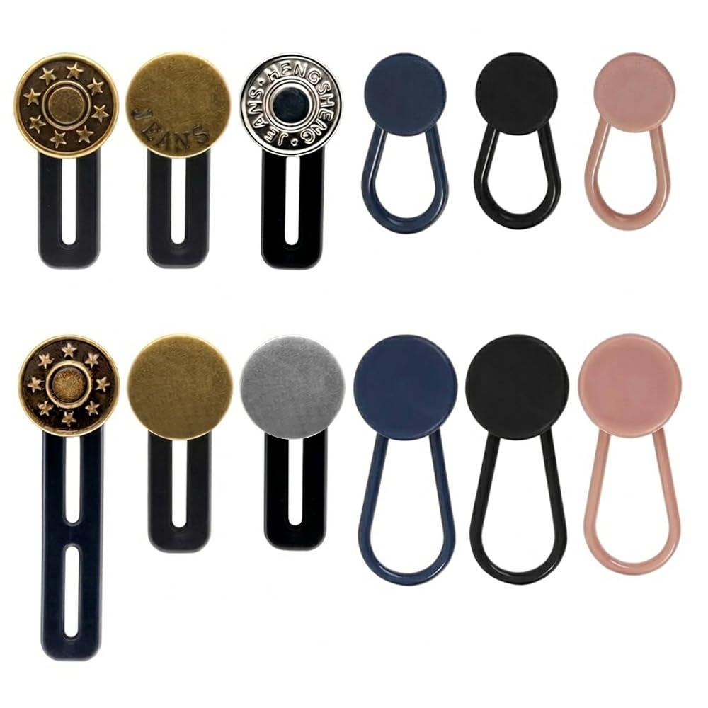 12 Pack Pants Button Extender Set Waistband Expander Jeans Trousers Silicone Loop Metal No Sew Adjustable Waist Extension Accessories for Adults Professionals Workwear DIY Clothing Alterations