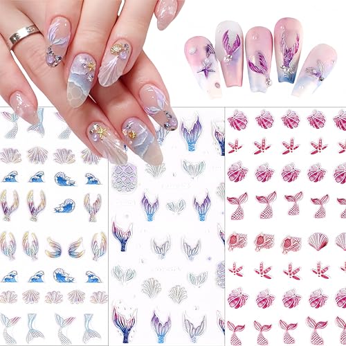 Weixiwuyu 297WEIXIWUYU 3Sheets Summer Nail Art Stickers Ocean Style Nail Art Decals 5D Embossed Dreamy Mermaid Tail Nail Stickers Sea Wave Fishtail Shellfish Starfish Nail Design Stickers cover