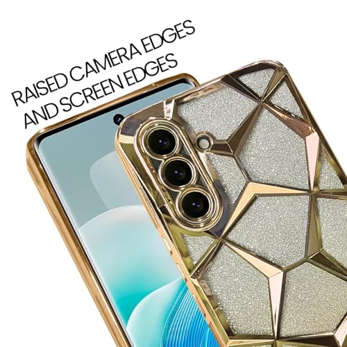 Image of VONZEE Gradient Glitter Case for Samsung A36, Luxury Electroplated 3D Cube, Diamond Bling Shiny Soft TPU Clear Shockproof Women Girls Protective Phone Cover (Gold)